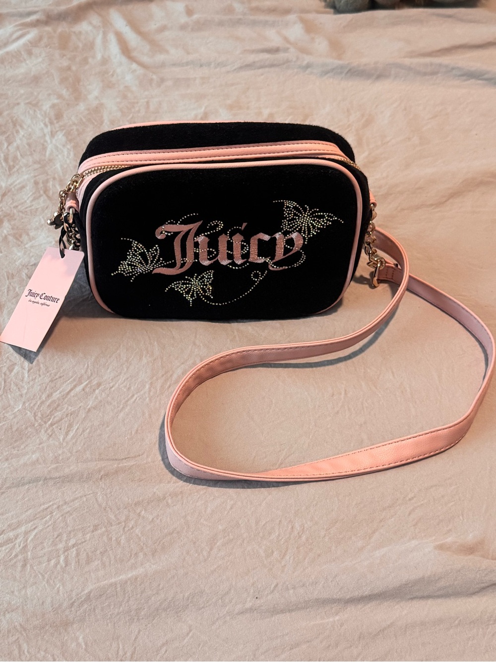 Juicy Couture "Wingin It" Black & Pink Crossbody Bag with Sparkly Butterflies
